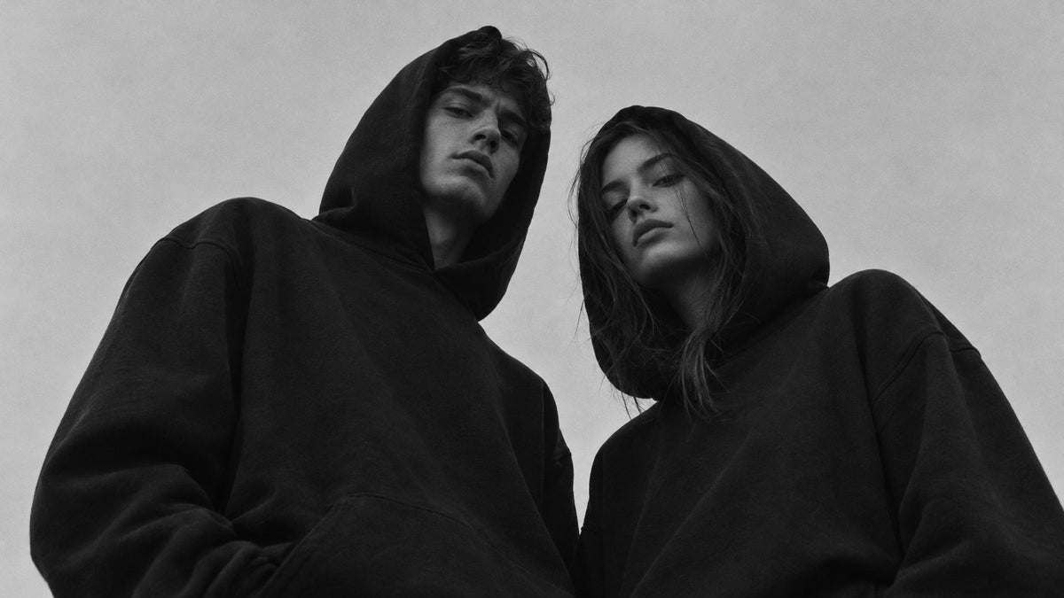Two models in black hoodies photographed from below