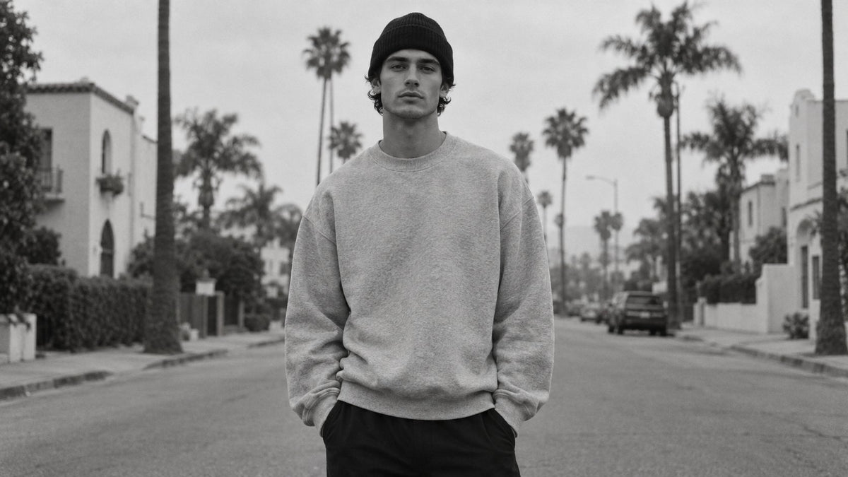 Black and white campaign image, man in grey crewneck on a palm-lined street