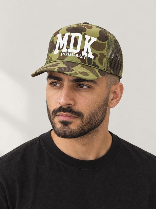 MDK FULL CAMO TRUCKER HAT on model