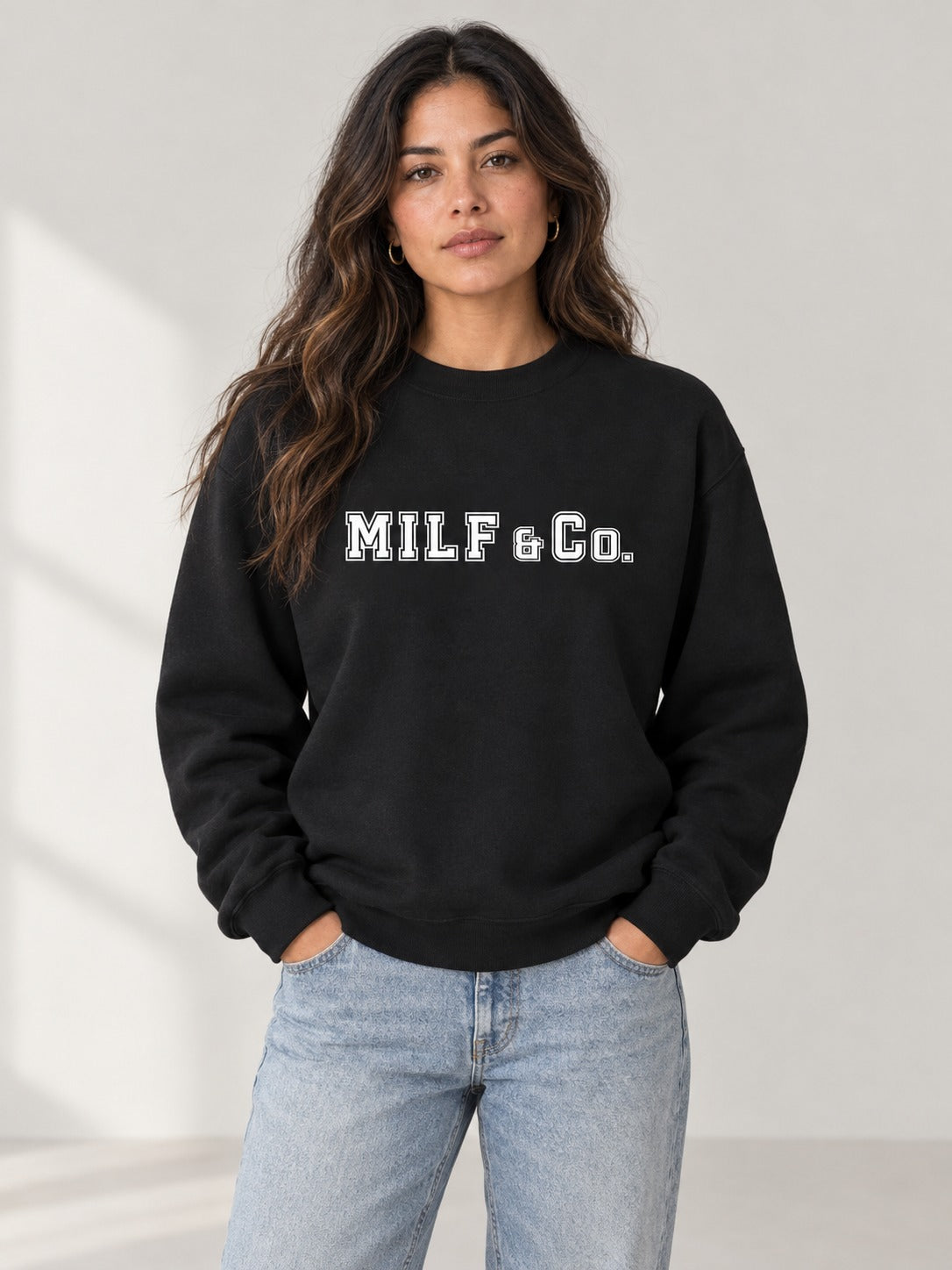 MILF&Co. COLLEGE LETTER CREWNECK SWEATER on model