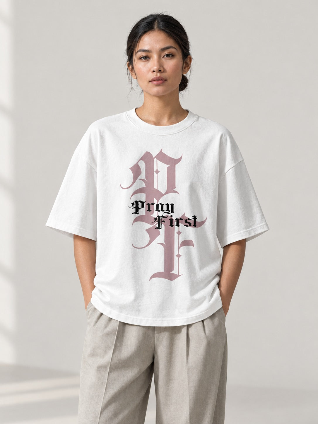 Pray First White T on model