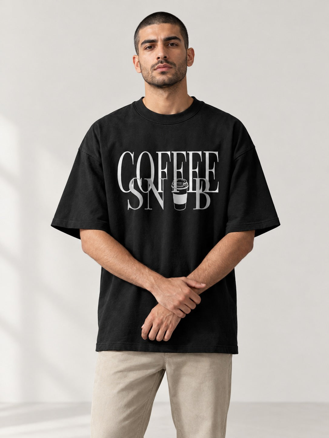 WHITE/GREY SNOB T on model